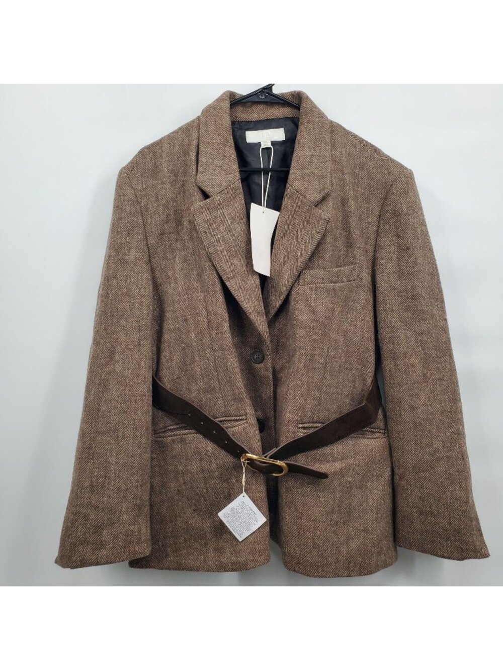 Zara Herringbone Belted Blazer Jacket Women Size Large NWT Taupe Brown